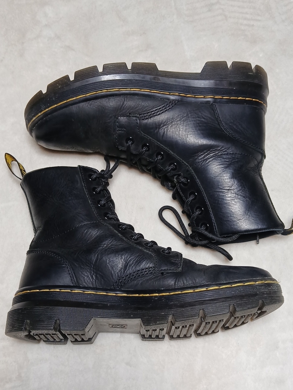 Dr. Martens Black Leather Platform Combat Boots with Yellow Stitching Size 7